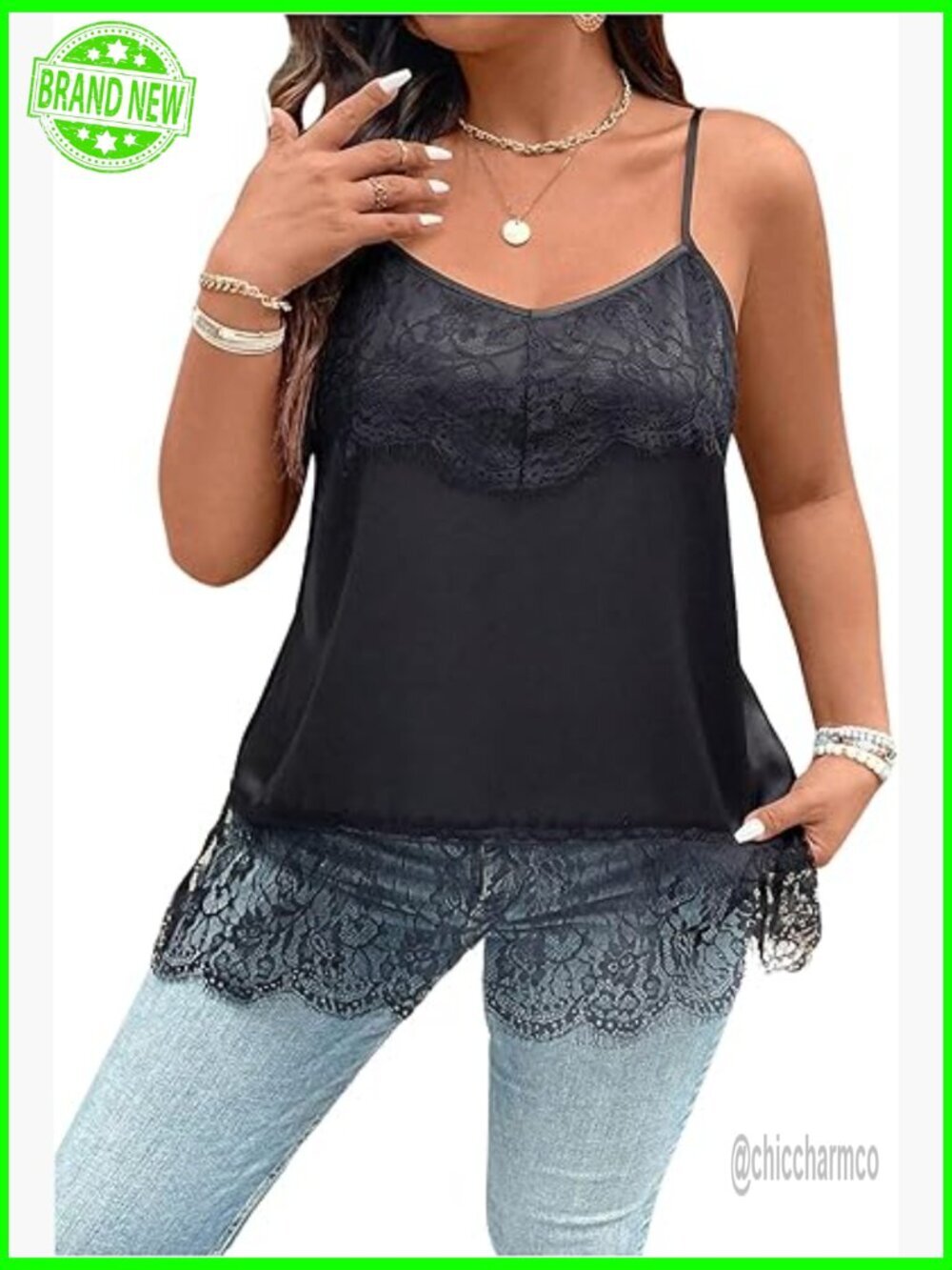 Plus Size Floral Lace Camisole Top Spaghetti Strap Satin Tank Blouse